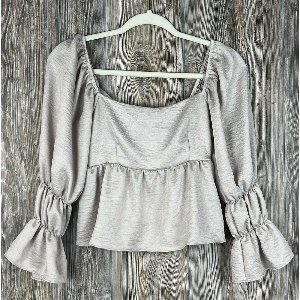 Her Entire Name Says Grace Beige Puff Sleeve Peplum Top Blouse XS Milkmaid